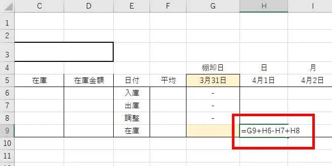 H9セルに計算式を入力します。 日々の在庫は「前日の在庫」+「入庫」-「出庫」+「(+-)調整」となりますので、H9のセルに『=G9+H6-H7+H8』と入力します。