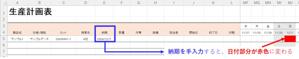 生産計画表の概要欄を記入キャプチャ