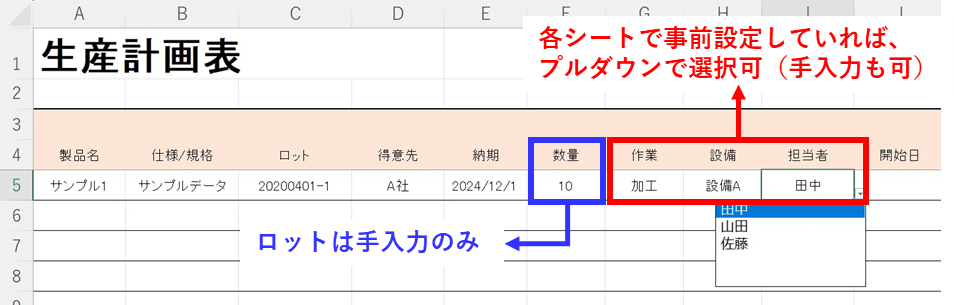 生産計画表の概要欄を記入キャプチャ
